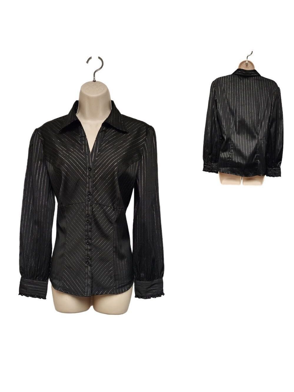 DDC Stretch Silver  Pinstripe Black Long Sleeve Blouse Size Medium